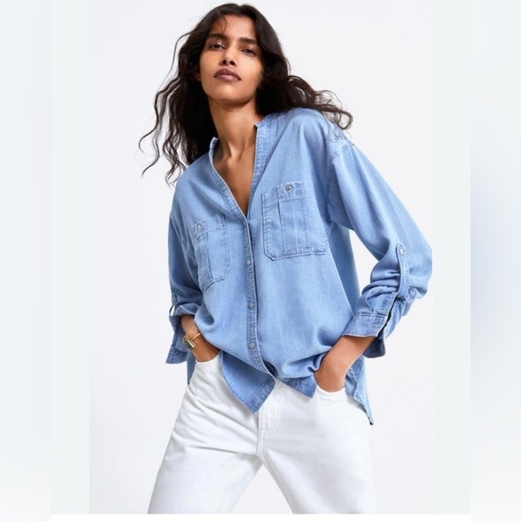 Zara Tops - ZARA Denim Chambray V-Neck Tab SLV Tencel Casual Boho Office Boyfriend Shirt M